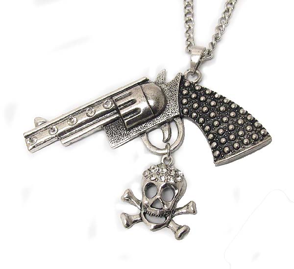 Crystal deco skull and gun drop necklace