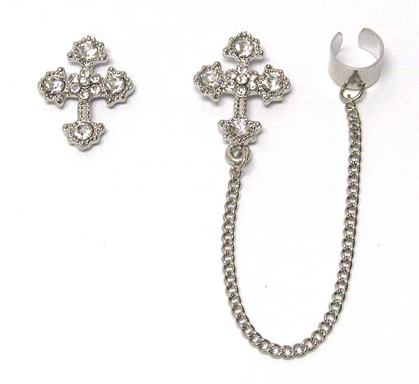 Crystal cross and chain link earring - ear cuff