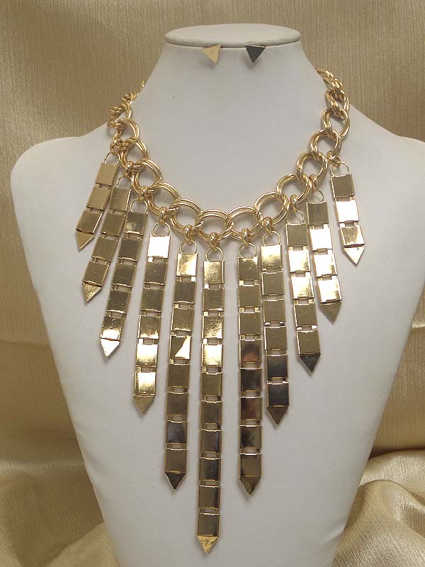 Multi flat plate link drop and thick chain necklace earring set