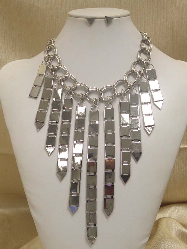 Multi flat plate link drop and thick chain necklace earring set