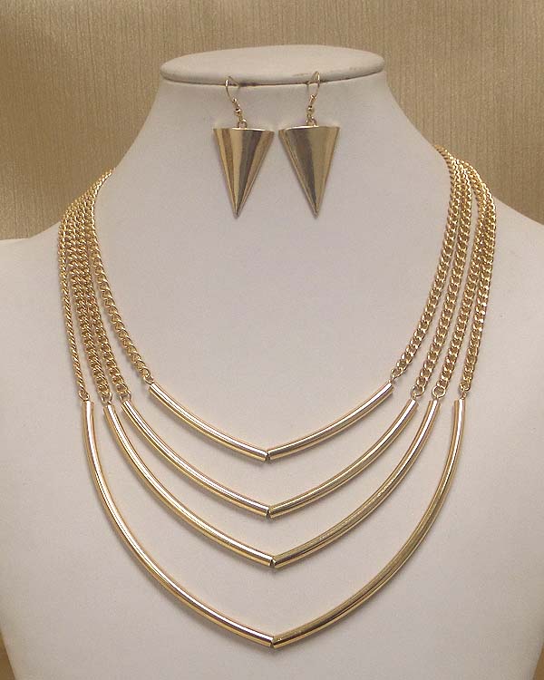 4 layered metal tube chevron necklace earring set