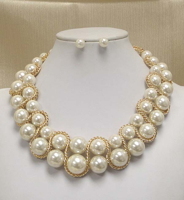 Multi pearl and metal chain accent necklace earring set