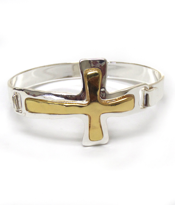 Two tone metal cross bangle bracelet