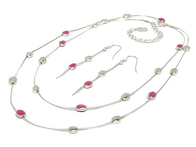 Small oval pink and silver bead long necklace and earring set