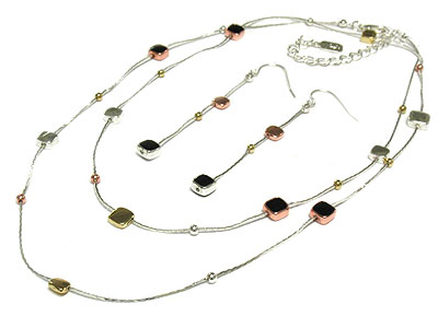 Small square metal bead long necklace and earring set