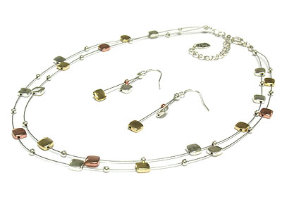 Multi square metal bead and double thread wire necklace and earring set