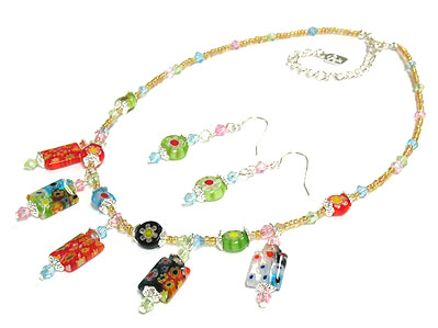 Multi color flower candy beads necklace and earring set