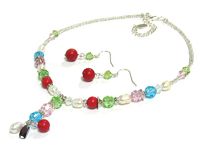 Multi colorglass beads y drop necklace and earring set