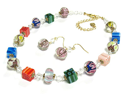 Multi color cube candy beads necklace and earring set