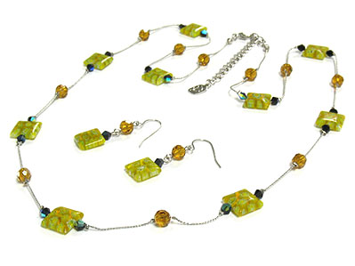 Glass fossile beads long necklace and earring set