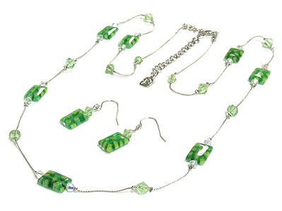 Glass fossile beads long necklace and earring set