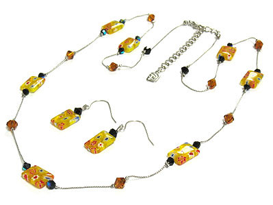 Glass fossile beads long necklace and earring set