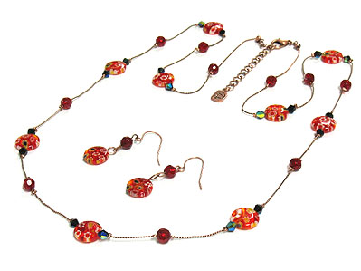 Glass fossile beads long necklace and earring set