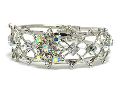 Crystal flower deco tall metal hinge bangle