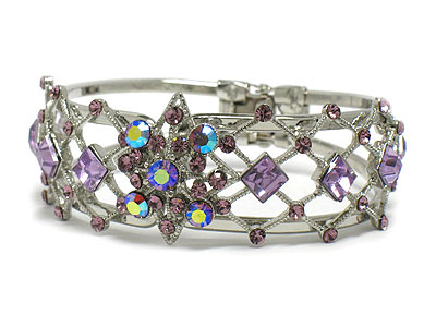 Crystal flower deco tall metal hinge bangle