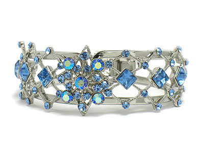 Crystal flower deco tall metal hinge bangle