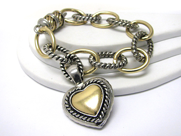 Two tone casting metal heart charm toggle bracelet