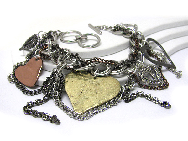 Mixed metal flat heart dangle metal chain bracelet