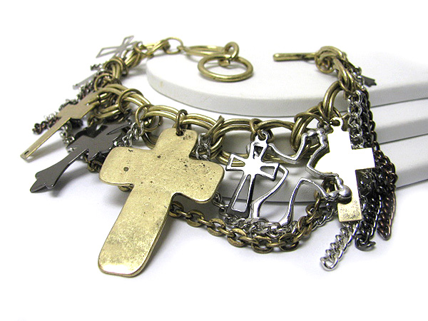 Mixed metal flat cross dangle metal chain bracelet