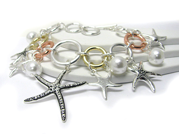 Multi starfish and pearl dangle chain bracelet