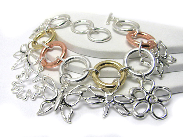 Multi metal butterfly and flower dangle chain bracelet