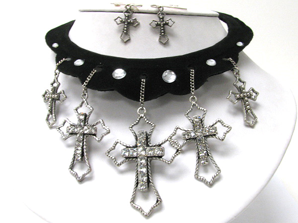 Multi crystal cross drop necklace and earring set