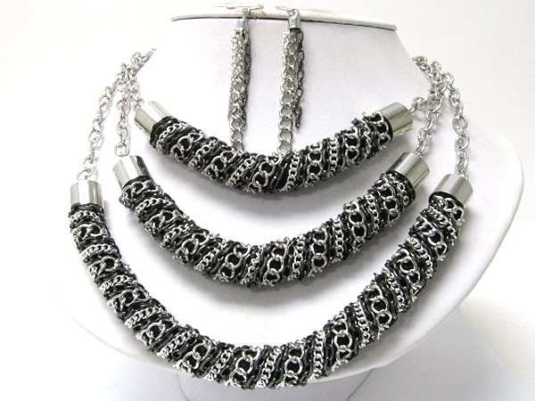 Triple layer metal mesh tube chain link necklace earring set