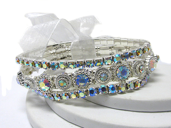 Ribbon tied triple line crystal stretch bracelet