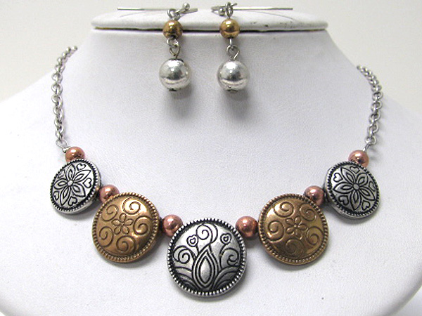 Tri tone multi texture round disk link necklace and earring set