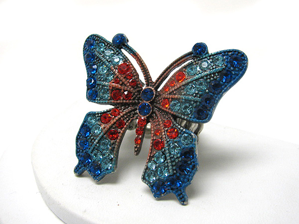 Multi colored crystal deco butterfly stretch ring