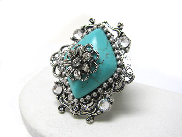 Turquoise  and crystal deco filigree flower stretch ring