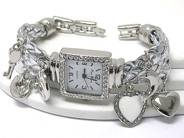 Crystal stud square face multi heart charm dangle braided fabric cord link watch