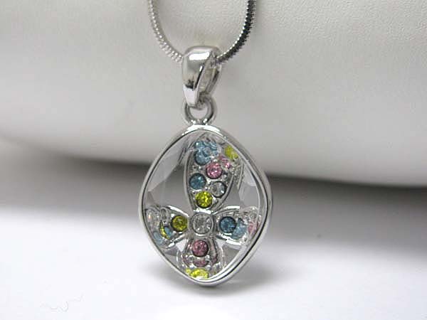 Made in korea whitegold plating crystal stud flower inside glass pendant necklace 