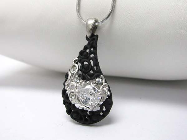 Made in korea whitegold plating crystal and mixed filigree tear drop metal pendant necklace