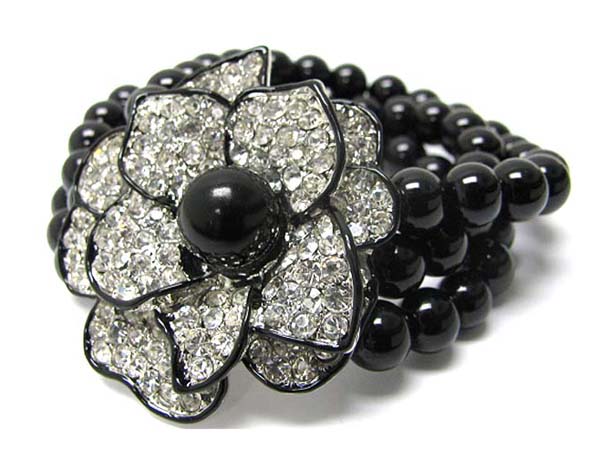 Crystal stud flower multi row pearl ball stretch bracelet