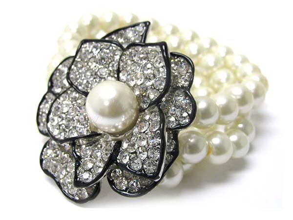 Crystal stud flower multi row pearl ball stretch bracelet