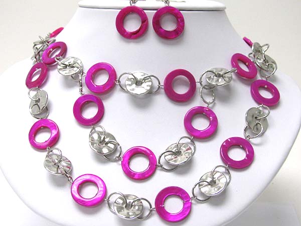 Double layer colored shell ring and metal disk link necklace set