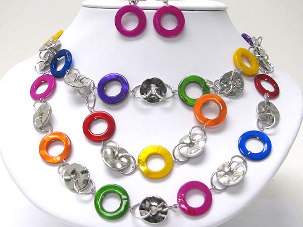 Double layer colored shell ring and metal disk link necklace set