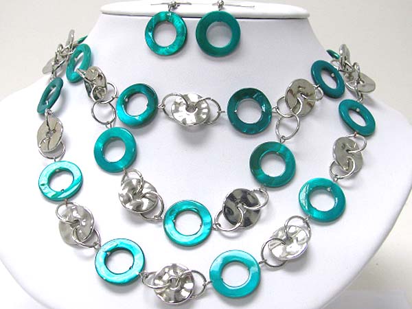 Double layer colored shell ring and metal disk link necklace set