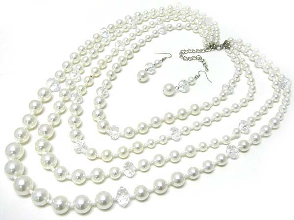 Triple row pearl long necklace set