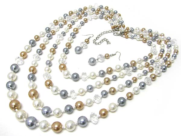 Triple row pearl long necklace set