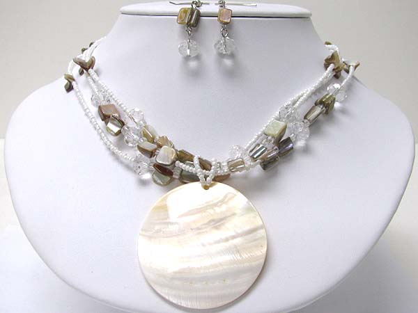 Round sea shell disk multi row shell link necklace set