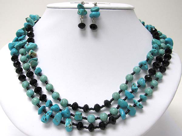 Triple row natural chip stone and facet glass stone mixed necklace set