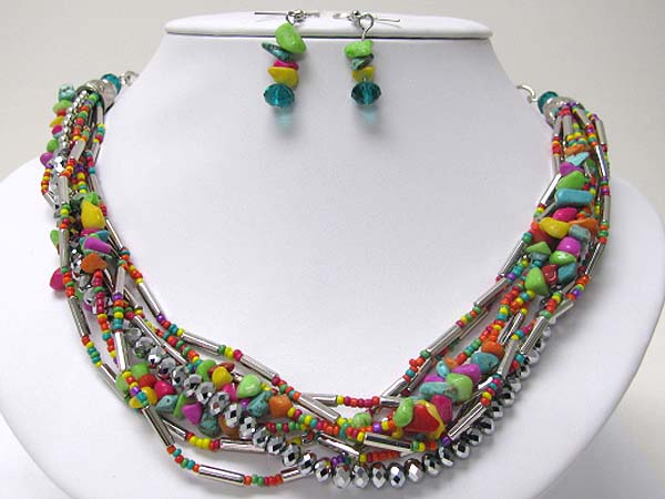 Multi braided strand mixed chip stone and metal beads necklace earring set