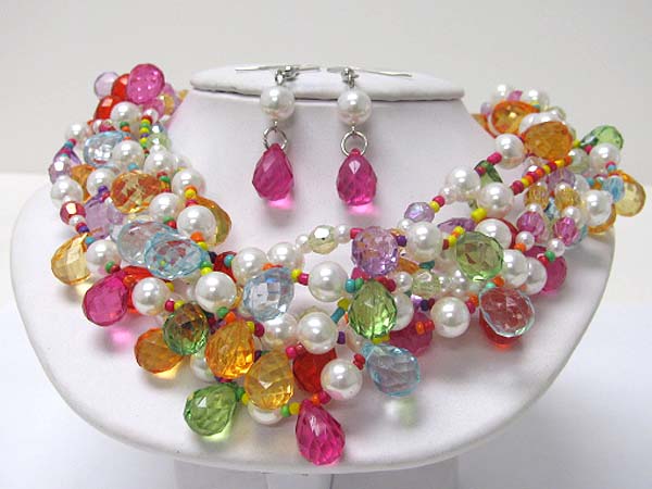 Multi braided strand pearl and glass beads mixed necklace earring set