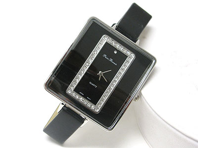 Crystal frame inside of glass leather band watch