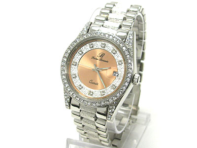 Crystal dial and frame metal band watch