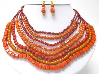 Ethnic style multi strand metal joint mixed acryl beads necklace set 