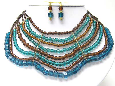 Ethnic style multi strand metal joint mixed acryl beads necklace set 