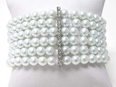 Crystal stud metal bar joint five row pearl beads stretch braceelt